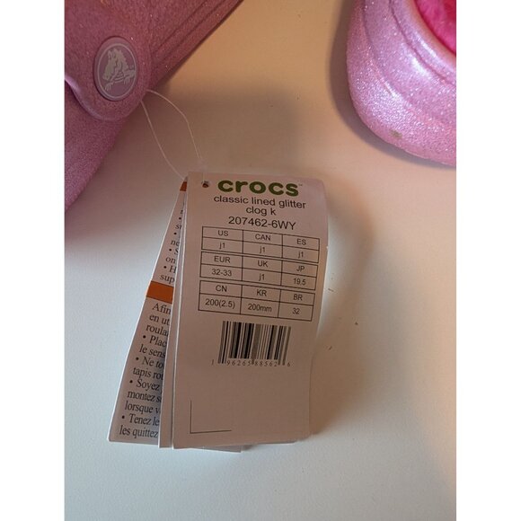 NEW Pink Glitter Crocs Kids Fuzzy Lined Classic Clogs Size J1 - Picture 9 of 9